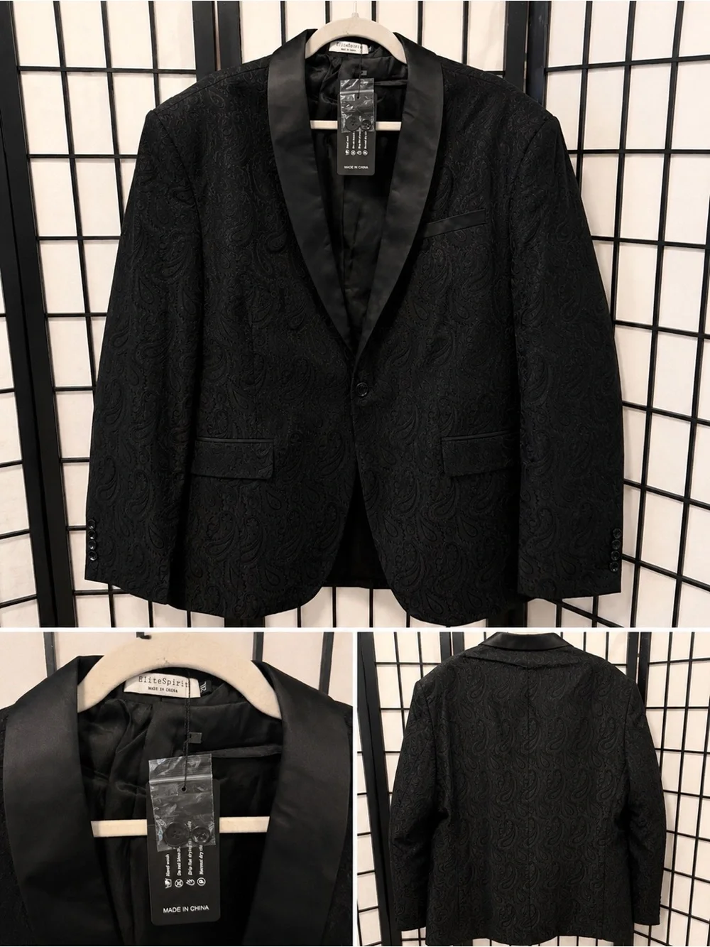 Men’s Black Paisley Satin‎ Shawl Lapel Blazer Jacket – Formal / Tuxedo Style